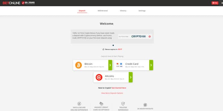 Cashier section at BetOnline.