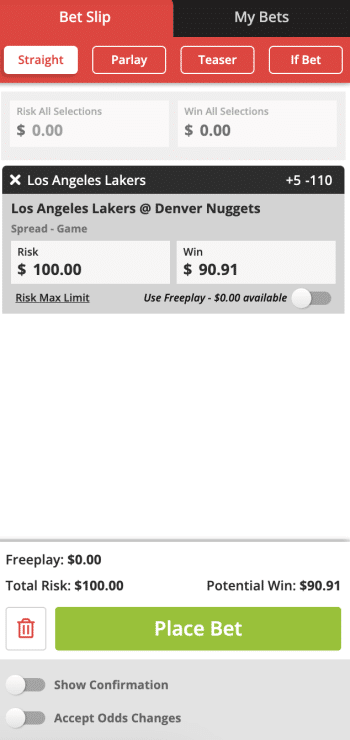 BetOnline basketball bet slip populated