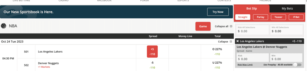 BetOnline NBA bet slip
