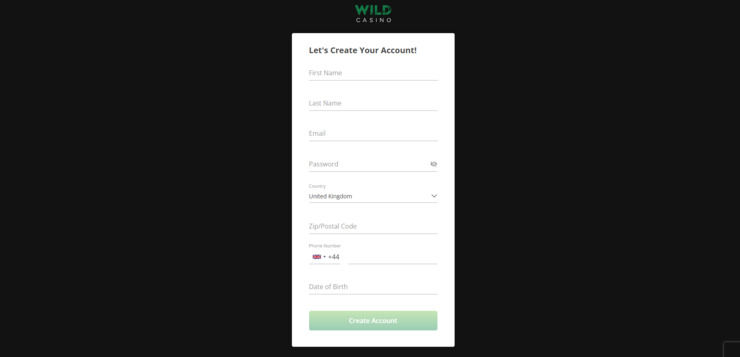 Wild Casino sign up page