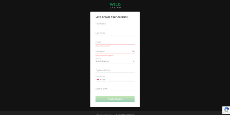 Wild Casino sign up page.