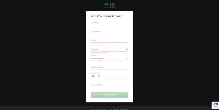 Wild Casino registration section