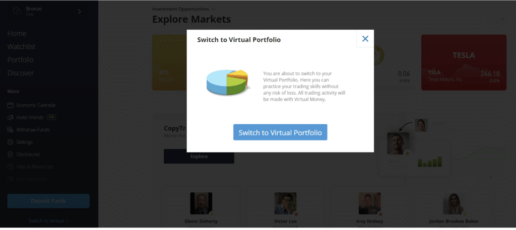 etoro vs coinbase - virtual portfolio