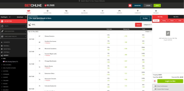 NHL markets at BetOnline