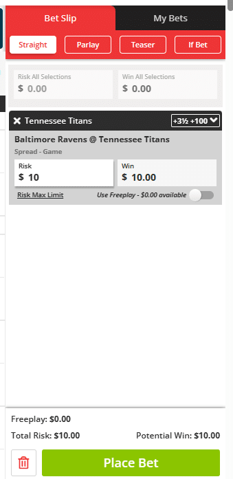 Bet slip with spread bet.