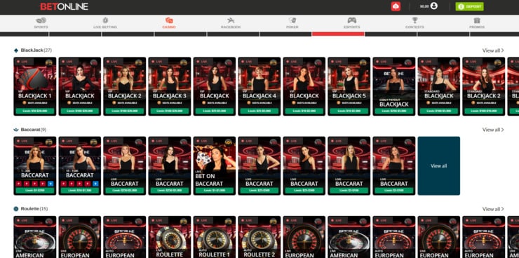 Live casino games including blackjack at BetOnline.