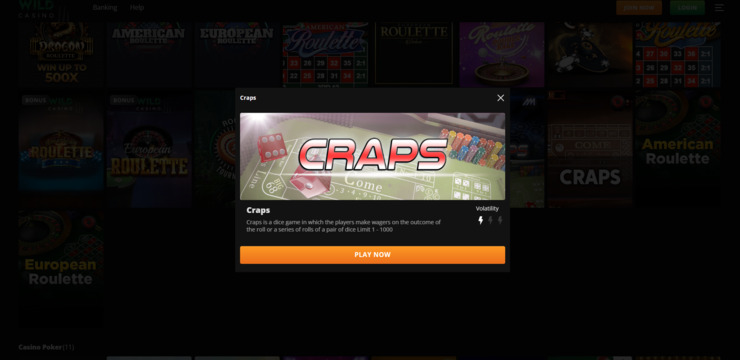 Choosing a craps game at Wild Casino.