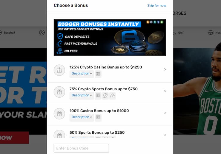 Choose your bonus or enter Bovada promo code