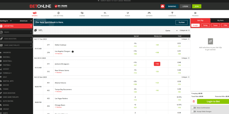 Choosing a market at BetOnline.