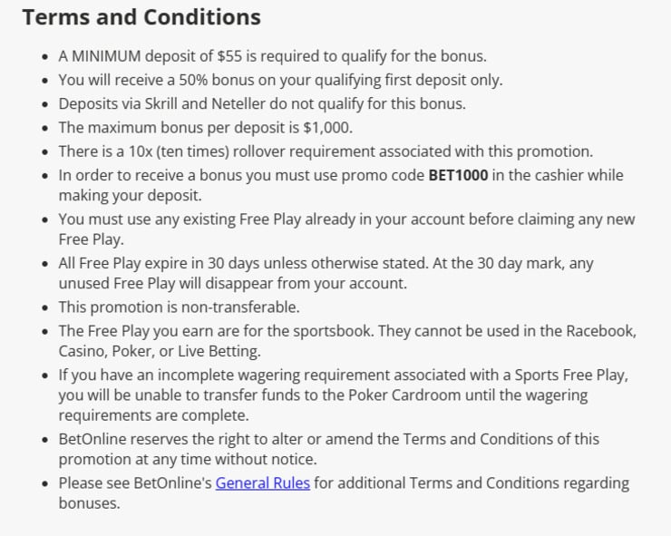 BetOnline bonus terms