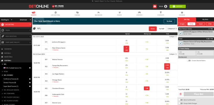 Football parlay bet at BetOnline.