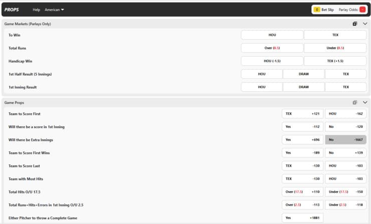 Prop markets for MLB.