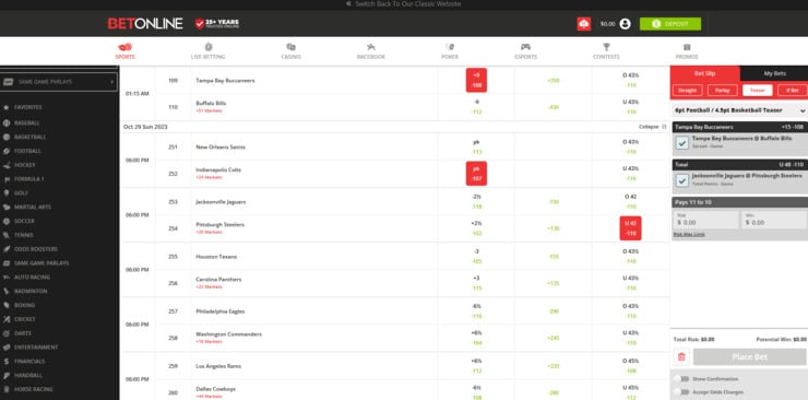 BetOnline with teaser bet slip.