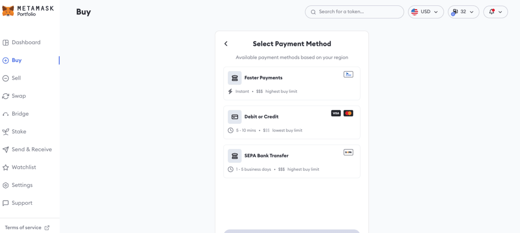 MetaMask crypto wallet payment methods
