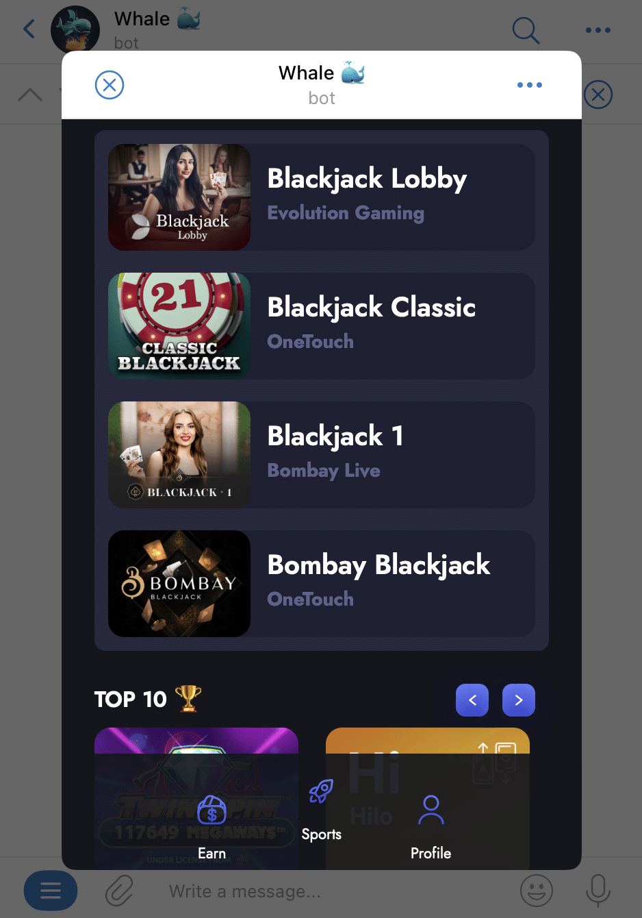 Whale.io Telegram blackjack selection