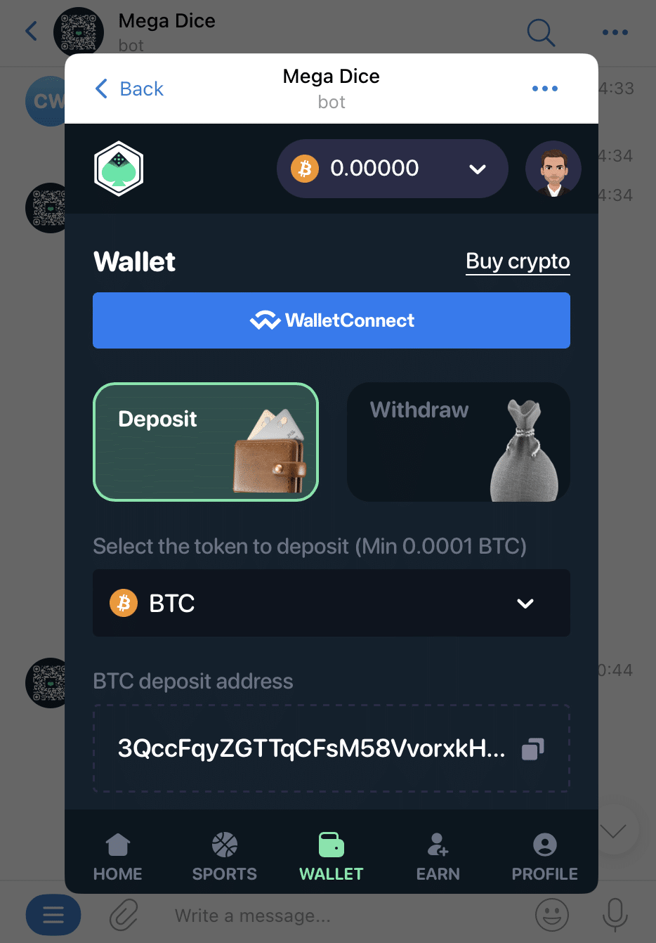 Mega Dice casino bot with WalletConnect