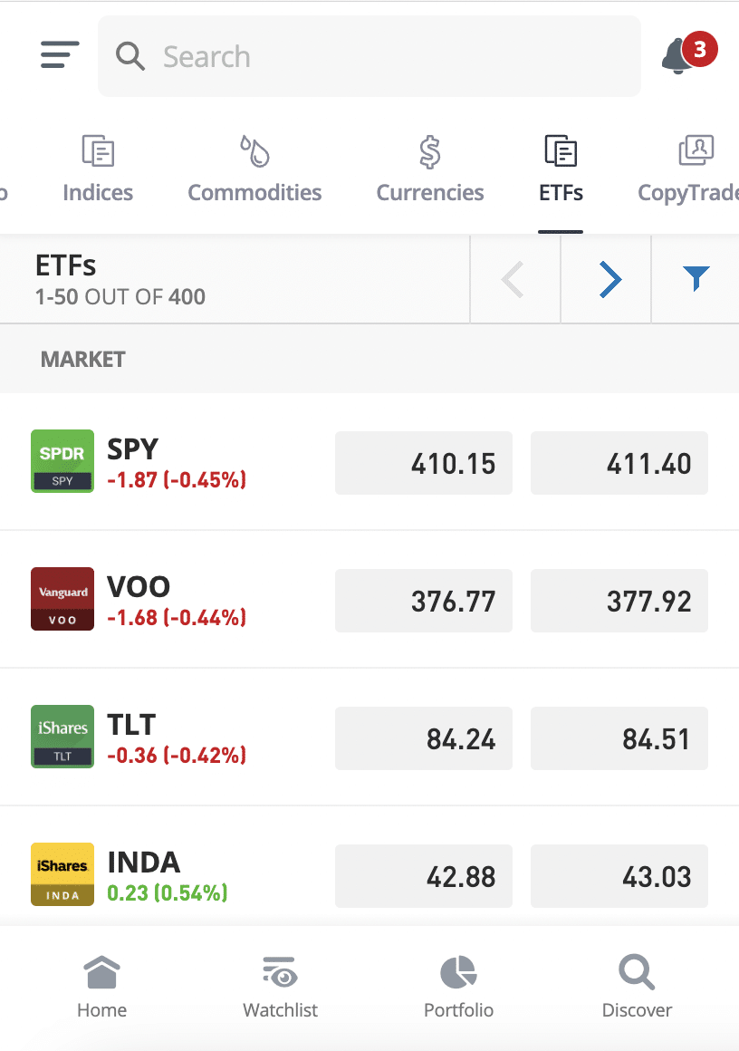 eToro mobile app ETFs selection