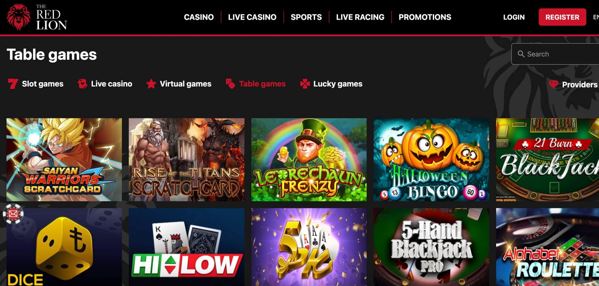 Red Lion casino table games