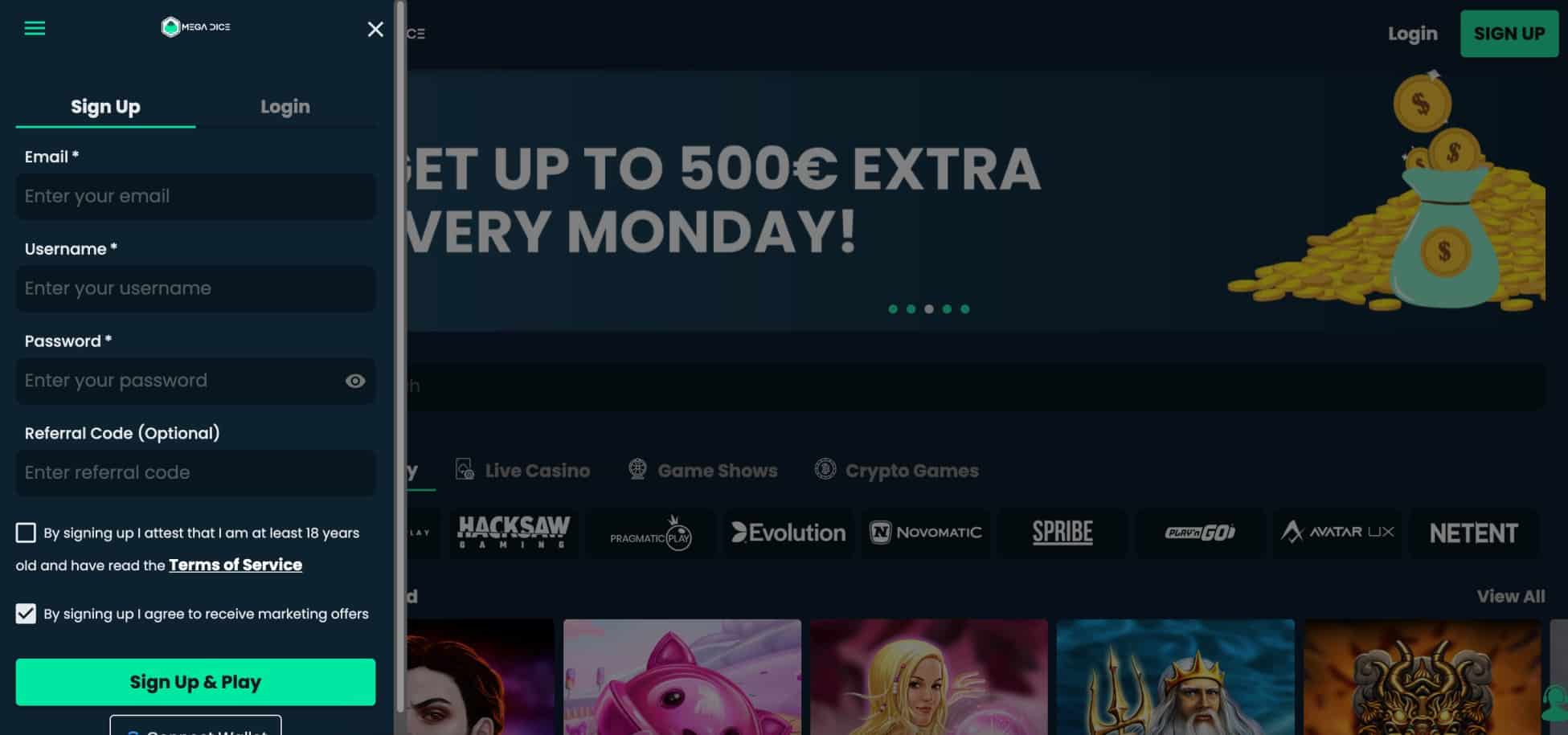 Mega Dice signup form