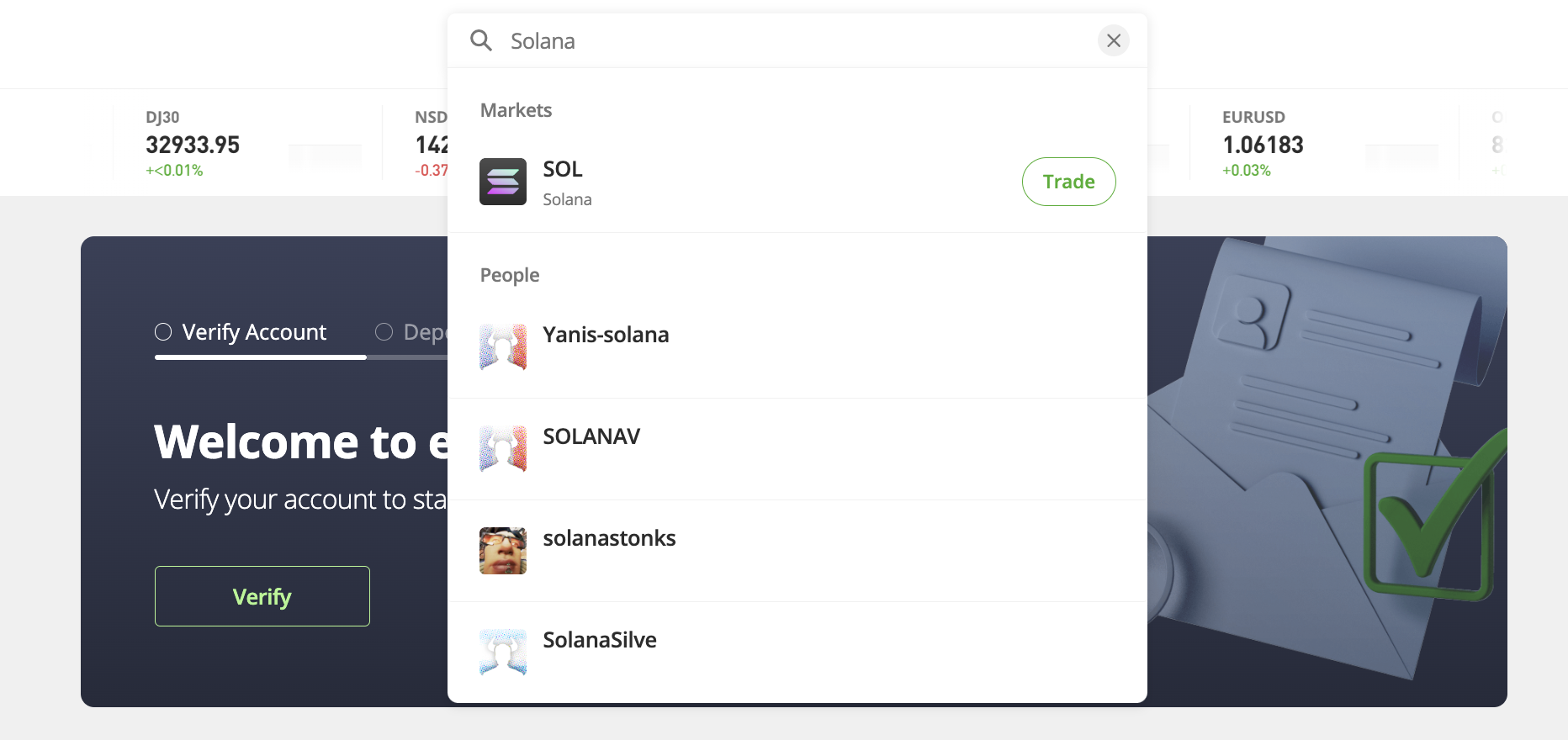 Search for Solana on eToro