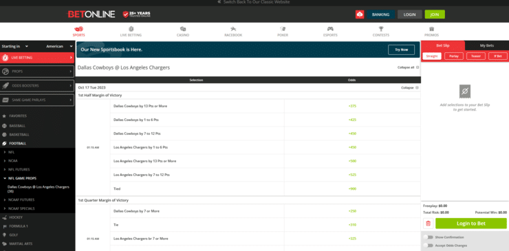 Prop bet markets at BetOnline.