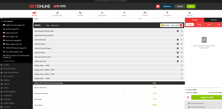 Soccer prop odds and markets.