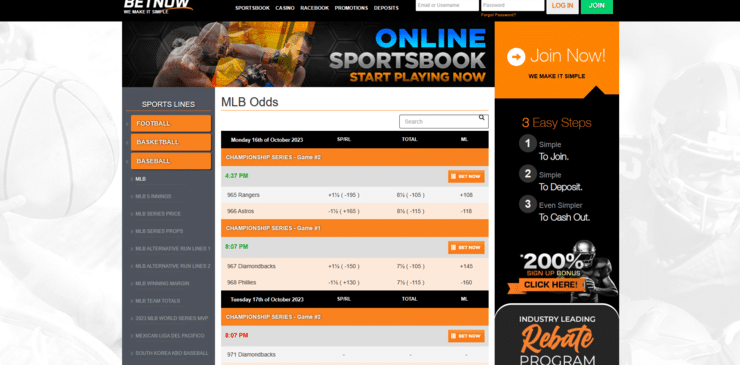 BetNOw MLB page