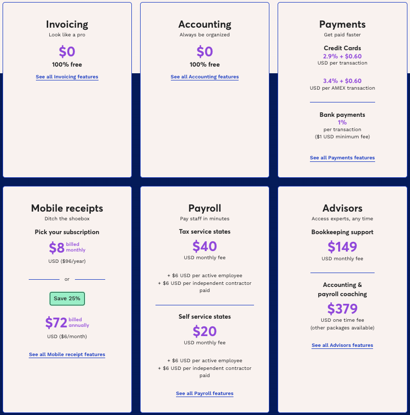 Image displays Wave's pricing structure: 'Invoicing' and 'Accounting' are free, fees for credit cards and bank payments, 'Mobile Receipts' at $8/month or $72/year, 'Payroll Tax Service' at $40/month and 'Self Service' at $20/month, with 'Advisors' offering bookkeeping support and coaching at additional rates.