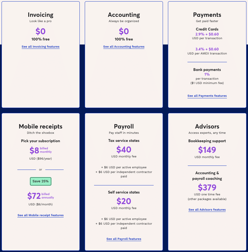 Image displays Wave's pricing structure: 'Invoicing' and 'Accounting' are free, fees for credit cards and bank payments, 'Mobile Receipts' at $8/month or $72/year, 'Payroll Tax Service' at $40/month and 'Self Service' at $20/month, with 'Advisors' offering bookkeeping support and coaching at additional rates.