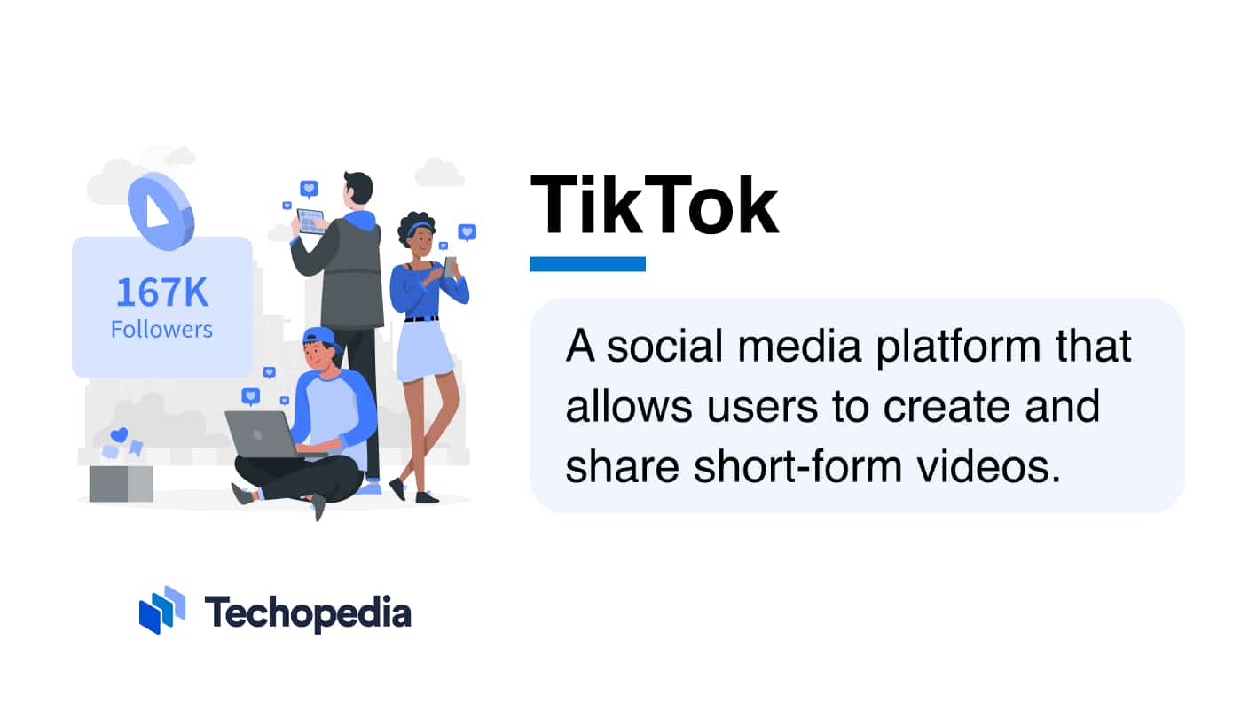 An illustrated graphic of three people engaging with social media on their phones and laptops, highlighting TikTok’s role in video content creation and sharing. A “167K Followers” icon emphasizes audience growth and engagement.