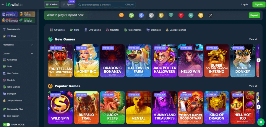 Wild.io Casino Games Selection