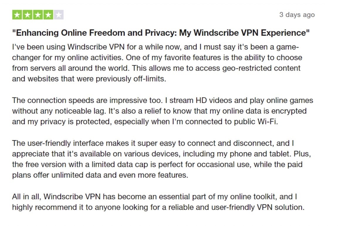 Windscribe reviews on Trustpilot