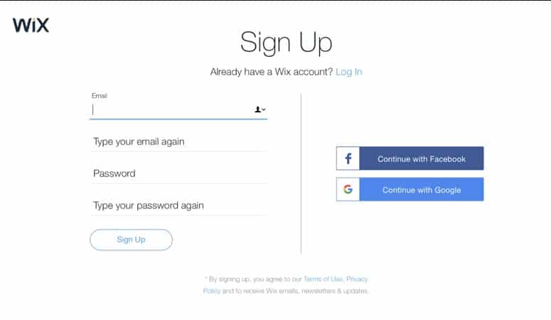 Sign up to Wix
