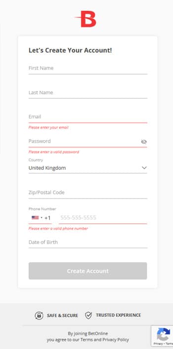 BetOnline Mobile Registration