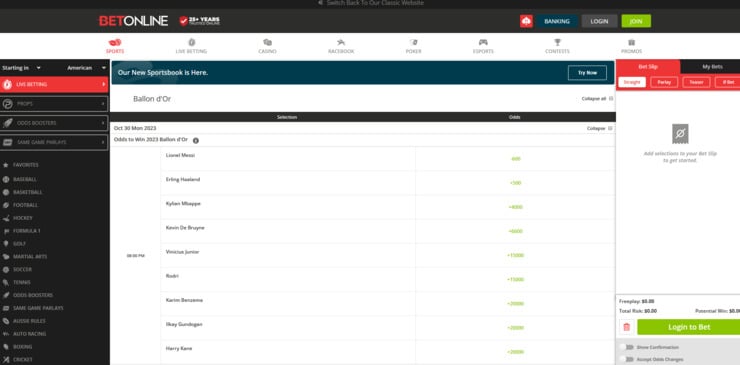 Futures markets displayed for Ballon d'Or
