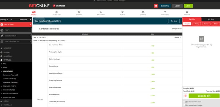 Futures NFC bets at BetOnline.