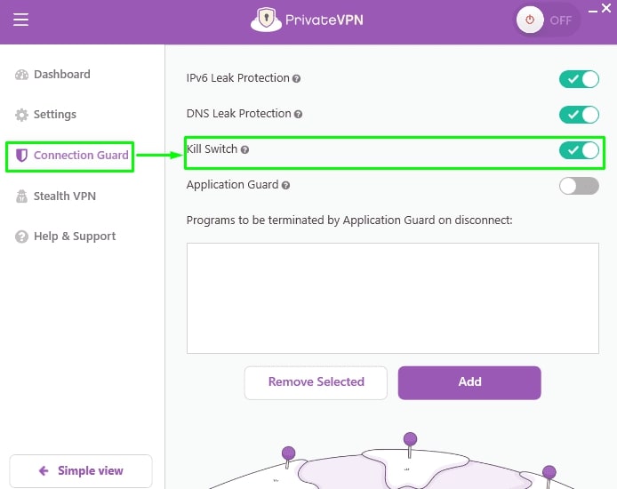 Turn on PrivateVPN’s kill switch via Connection Guard settings