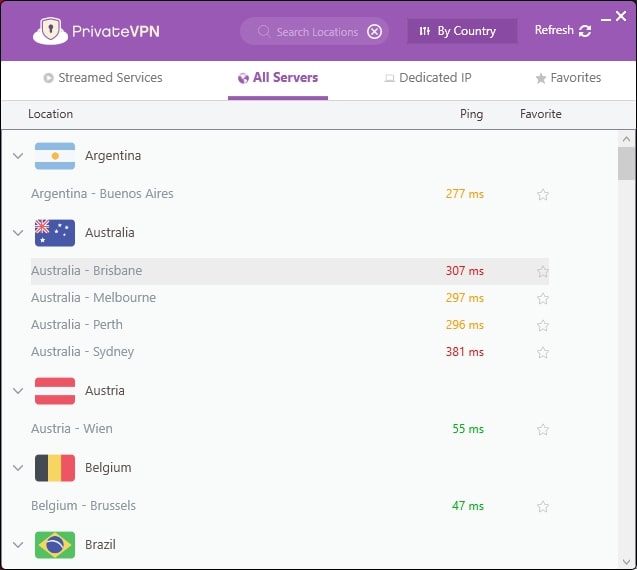PrivateVPN offers low latency servers from 60+ countries