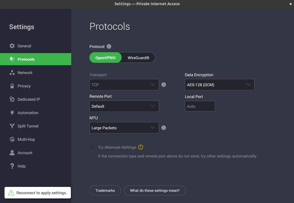 PIA VPN protocols