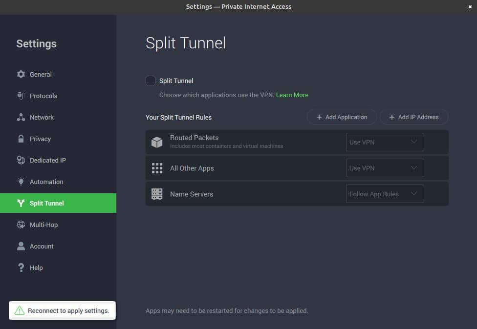 PIA VPN Split Tunneling feature