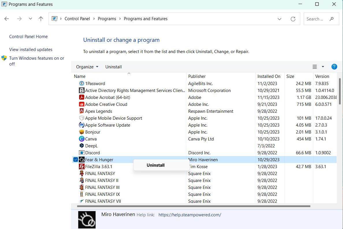 Uninstall a program Windows