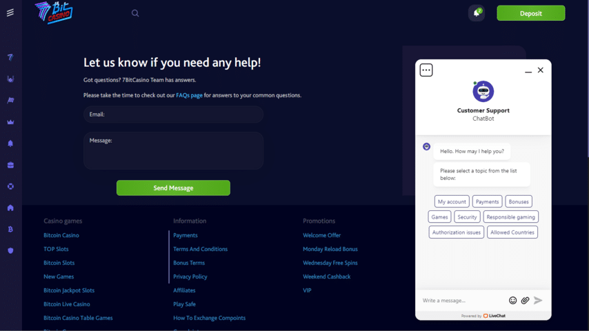 7Bit casino help page and chat