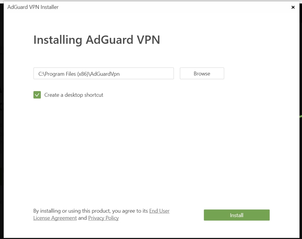 Installation screen for AdGuard VPN
