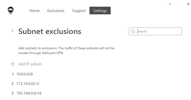 AdGuard subnet exclusions screen