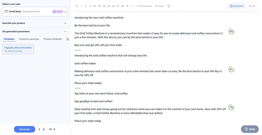 A screenshot of Anyword's email generation tool.
