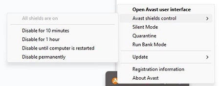 Screenshot showing how to disable Avast Shield Control.