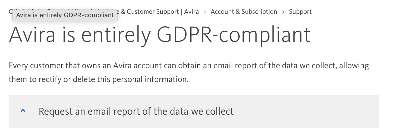 Avira website post about GDPR compliance