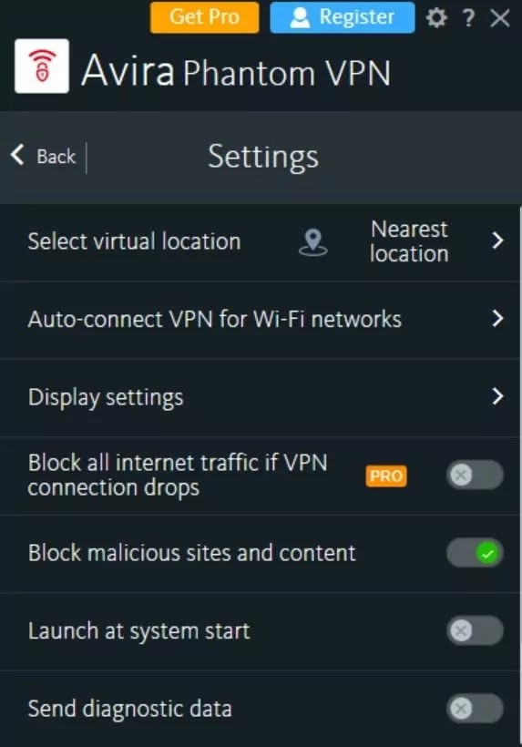 Screengrab of Avira Phantom interface, showing the settings