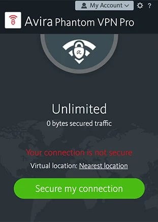 Avira Phantom VPN app with green button to secure VPN connection