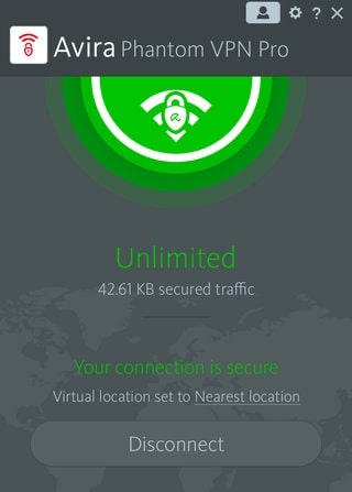 Screengrab of Avira Phantom's interface with VPN connected